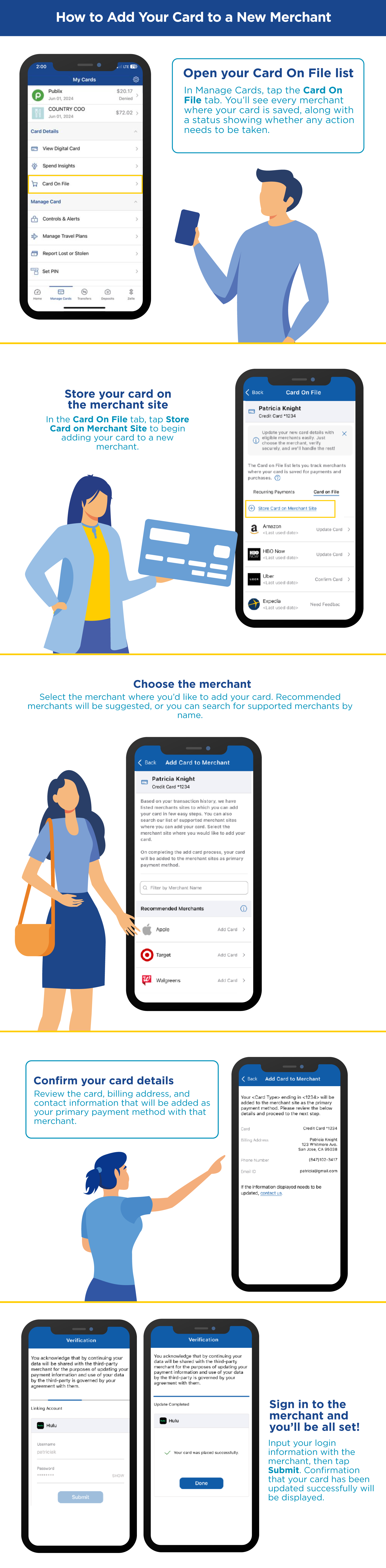 Step-by-step guide on how to add your card to a new merchant, including opening your Card On File list, storing your card, choosing the merchant, and confirming your details.
